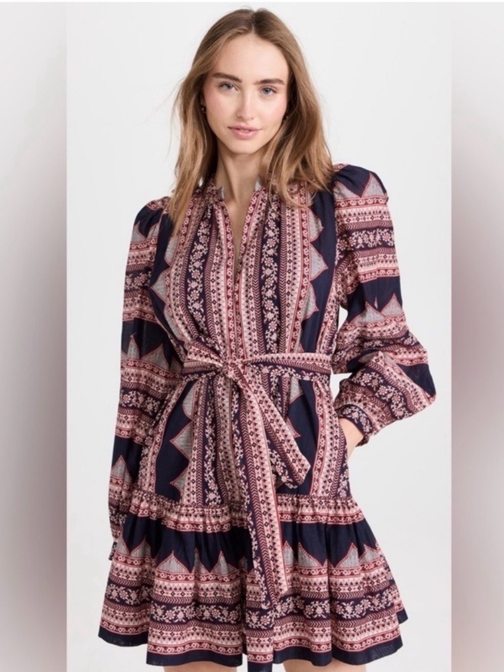 SEA New York Suzie Print Mini Dress Boho Cotton Puff Sleeve Belted Size Small